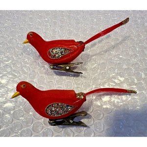 Vintage Set Rare 1960s Flocked 2 Red Birds Clip On Christmas Ornaments 5" Japan
